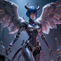 photo of demon angel cyborg mutant cg anime girl beautiful face and mechanical tentacles and synaptic glows 3 d photorealistic cinematic shot with leica zeiss depth of field and lens flare in style of frank miller and ito junji squareenix trending on pixiv artstation
