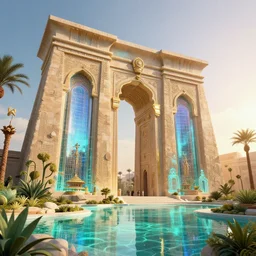 highly detailed futuristic egyptian architecture by frank lloyd wright and antoni gaudi, reflective lighting, holographic, stylized vegetation, ground - level view, puddles of turquoise water, stunning sunny lighting, sunrise, by vincent di fate and james jean, 8 k, matte painting, ray tracing, unreal engine 5, octane render, cyberpunk, vibrant