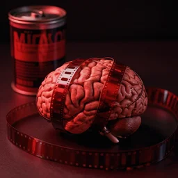a brain wrapped in a length of film, movie canister in the background, red black colour scheme,