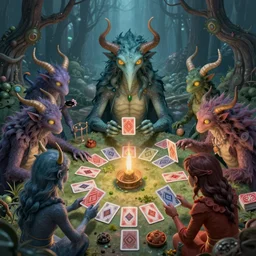a group of otherworldly creatures playing cards, by wayne barlow