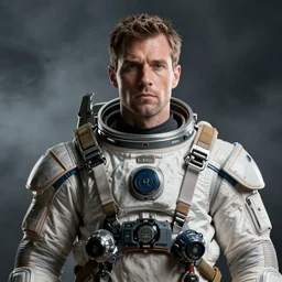 Man wearing a space suit, broad shoulders, tactical, smokey background, octane render, 4k, realistic, highly detailed, digital art, epic, render, 4k, 8k in the style of artstation deviantart, High Resolution