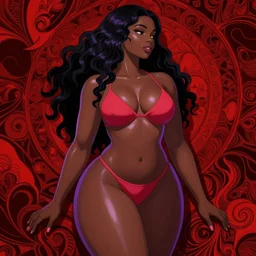 anime, gorgeous, black woman,, full face, full body, side profile, relaxed pose, tiny bikini, shimmering skin, smooth, thick body, wavy hair, curvy, pushup bra, thick, wide hips, defined chest, defined hands, concept art, color theory, high saturation, stylized, intricate accurate details, cinematic, in the style of beksinski, intricate and epic composition, red by caravaggio, insanely quality, highly detailed, masterpiece, purple light, artstation, 4 k