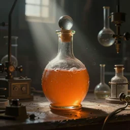 a steampunk painting of a vintage orange potion bottle, lit by a single ray of sunlight in a dark dusty vintage science lab, by h. r. giger, hyperrealistic fantasy art, concept matte, ethereal, dreamy, digital art, trending on artstation, volumetric cinematic lighting