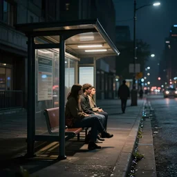 some people waiting in a lone bus stop in qiet dark city, hyper detailed, dramatic lighting, cgsociety, realistic, hyper detailed, insane details, intricate, dramatic lighting, hypermaximalist, golden ratio, rule of thirds, octane render, weta digital, micro details, ultra wide angle, artstation trending, 8 k,