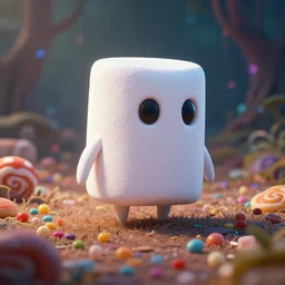 A Marshmallow Golem wandering a candy landscape, mystical, mysterious, magical, Octane Render, Raytracing, 135mm camera lens