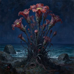 a cinematic masterpiece painting of gothic alien flowers blooming at midnight, near sea and rocks, by Alex Grey, by Wayne Barlowe, by Tim Hildebrandt, by Bruce Pennington, by Zdzisław Beksiński, by Paul Lehr, oil on canvas, masterpiece, trending on artstation, featured on pixiv, cinematic composition, beautiful lighting, sharp, details, details, details, hyper-detailed, no frames, HD, HDR, 4K, 8K