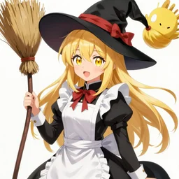 pixiv artwork portrait of cute witch marisa kirisame from touhou project, marisa kirisame touhou artwork black black hat hat broom blonde hair finely detailed yellow eyes maid dress white apron by greg rutkowski makoto shinkai sakimichan key art 4 k 8 k ultrahd trending award winning