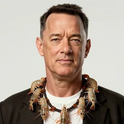 Tom hanks as forrest gump wearing a necklace of shrimps around the neck, realistic face, digital art, in the style of Aleksi Briclot, amazing detail, artstation