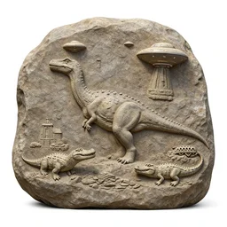 geologic rock relief a rock showing, dinosaurs, UFOs, Crocodile Loki, Atlantis