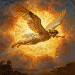 Icarus flying too close to the sun over ancient Rome, oil painting.