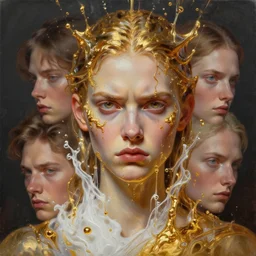 3 d, close - up, boiling liquid gold and white water, frown fashion model, poster art, high detail, intricate oil painting, multiple exposure, hell mood, hyperrealism, 3 d, by tooth wu and wlop and beeple and greg rutkowski