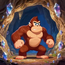 Donkey Kong in a beautiful cave, with crystals on the walls.