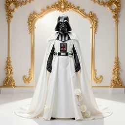 perfectly - centered!! looking at the camera!!! full body portrait of white curvy darth vader in wedding dress with roses, 🍑, bright lighting, godrays, golden, baroque style, roses, intricate abstract upper body intricate artwork, by tooth wu, wlop, beeple, dan mumford. concept art, octane render, deviantart, greg rutkowski, cinematic arthouse, key art, hyper realism, iridescent accents