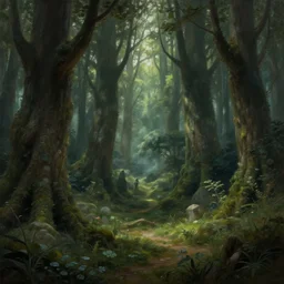 peaceful elven forest, thick forest, by alan lee, michal karcz, smooth details, lord of the rings, game of thrones, smooth, detailed terrain, oil painting, trending artstation, concept art, fantasy matte painting