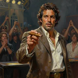 an oil painting of uncle joey diaz offering you a cuban cigar, on stage, ultra realistic, highly detailed, masterpiece, cinematic by greg rutkowski, frank frazetta, beeple, christian macnevin, beeple, wlop, krenz cushart, epic fantasy character art, volumetric lighting, cgsociety