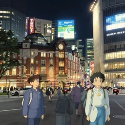 shibuya station at night, in the style of studio ghibli, j. c. leyendecker, greg rutkowski, artem