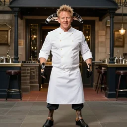 a ram standing on all fours dressed up as gordon ramsay, realistic.