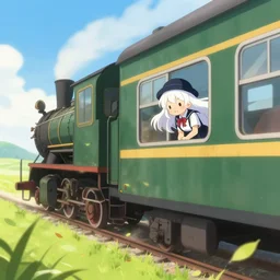 action shot of a moving steam train surrounded by grass fields and floating leaves with a cute anime girl looking through one of the windows of the train, the girl has long white hair and a round hat, she wears a black and white school uniform with a red ribbon, it is a beautiful windy and sunny day with blue sky, art by fuzichoco