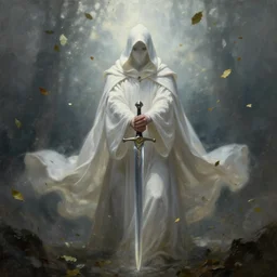 ''cinematic shot'' white hooded mage ( specter ) holding a sword with leaves falling simetrical 8 k atmosferic realistic made by ivan aivazovsky, peter mohrbacher, greg rutkowski volumetric light effect broad light oil painting painting fantasy art style sci - fi art style realism premium prints available artwork unreal engine