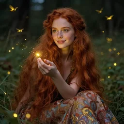 a young woman, admiring the lights of golden fireflies, sitting in the midst of nature fully covered with a wonderful dress, long loose red hair, intricate details, green eyes, small nose with freckles, oval shape face, soft happy smile, realistic, expressive emotions, hyper realistic highly detailed art by april gornik and artgerm