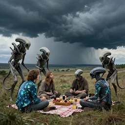 labradorite, still frame from'venus xenomorphs picnic in storm'movie by rembrandt, xenomorphs in stormy venus landscape by malczewski, rural xenomorphs on landscape by jakub rozalski, xenomorphs on picnic by giger