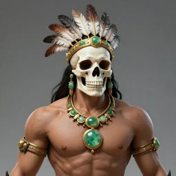 A indigenous muscle man with skull head, gold and jade jewelry, feather crown, in the style of  Z.W. Gu from trending on artstation, HD, Octane render, smooth, sharp focus, Anime style