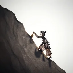 shadow puppet illustration on white screen of an old woman climbing a steep mountain, backlit, shadows, soft shadows, sharp shadows