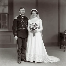 Wedding photo. Union soldier. Beautiful bride in long-sleeved wedding dress holding flowers. Matthew Brady photo, 1865, Civil war, vintage, Americana, award winning, Pulitzer Prize.