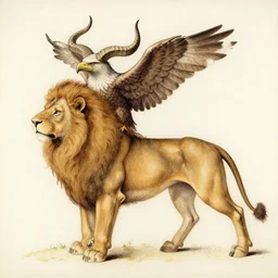 human / eagle / lion / ox hybrid with two horns, one beak, mane and human body. drawn by da vinci