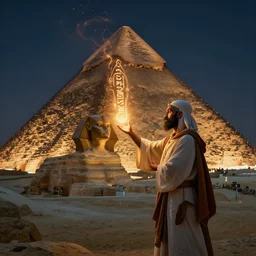a priest from ancient egypt conjures a magic spell at night next to the great pyramid of giza with glowing hieroglyphic symbols flowing out of her hands and lighting up the pyramid, dramatic lighting, digital art, artstation