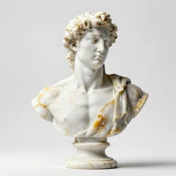 stylized gold onyx ornate statue bust made of marble of hercules, perfect symmetrical body, perfect symmetrical face, hyper realistic, hyper detailed, by johannen voss, by michelangelo, octane render, blender, 8 k, displayed in pure white studio room
