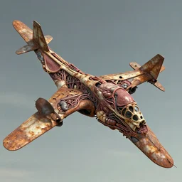 technobiological rusty fighter aircraft consisting of bones and guts and meat and skin and veins and kidneys and entrails. aircraft is flying in the sky. biopunk, bodyhorror, very rust, high detail, photorealism, full length view, concept art, octane render, cgsociety by hermann nitsch