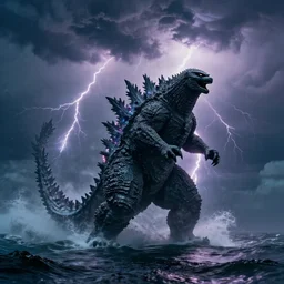 godzilla rising from the ocean during thunderstorm lightning flashing - w 1 0 2 4 - h 1 0 2 4