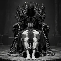 a dark lord sits on the throne ; in front of the throne - a prisoner bound in chains, black and whit