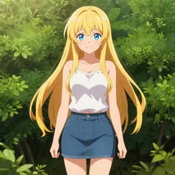 a very beautiful anime girl, full body, long golden hair, sky blue eyes, full round face, short smile, mini jeans skirt, cute top,with jeb bush, cinematic lighting, medium shot, mid-shot, highly detailed, trending on Artstation, Unreal Engine 4k, cinematic wallpaper by Stanley Artgerm Lau, WLOP, Rossdraws, James Jean, Andrei Riabovitchev, Marc Simonetti, and Sakimichan