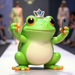 super cute smiling green tree frog wearing a tiara and taking a selfie on a fashion show, photo realistic, matte image
