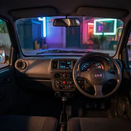 photo of a 9 0 s fiat panda interior at night, with neon lights in the background, 3 5 mm