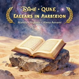 an open quran on an old stone in the desert surrounded by nebula, highly detailed, gold filigree, romantic storybook fantasy, soft cinematic lighting, award, disney concept art watercolor illustration by mandy jurgens and alphonse mucha and alena aenami, pastel color palette, featured on artstation