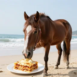 horse eating lasagna on a beach