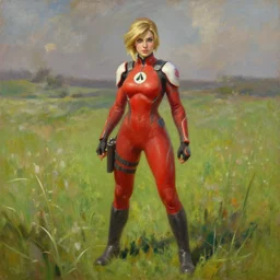 oil painting of tracer overwatch in a field of grass wearing red uniform, in style of ivan aivazovsky, detailed face, detailed eyes, full body, feminine face