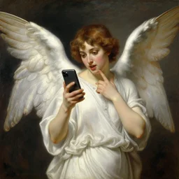 an oil painting of an angel talking with an iPhone, by Bouguereau, highly realistic and intricate
