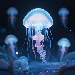 ice jellyfish garden. award - winning 3 d anime by an indie studio, heavily stylized, rimlighting, depth of field, limited but vibrant palette, impressionism, chiaroscuro, minimalism, bokeh.