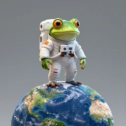 a frog in a astronaut suit standing top of the earth, au naturel, hyper detailed, digital art, trending in artstation, cinematic lighting, studio quality, smooth render, unreal engine 5 rendered, octane rendered, art style by kurzgesagt