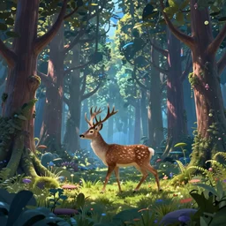 a single realistic deer, walking through a psychedelic forest, wide angle landscape shot, pixar style by tristan eaton, artgerm and tom bagshaw