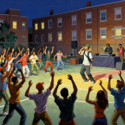 colorful painting of an old school hip hop concert taking place on a basketball court behind a large brick apartment at night, many people dancing with their hands in the air, a rapper is standing on stage yelling into the mic, a dj with audio equipment at the back of the stage, in the style of frank frazetta