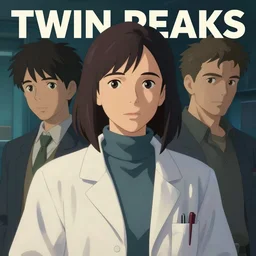 Twin Peaks poster artwork by Michael Whelan and Tomer Hanuka, Rendering of portrait of Kiernan Shipka dressed turtle neck and lab coat, full of details, by Makoto Shinkai and thomas kinkade, Matte painting, trending on artstation and unreal engine