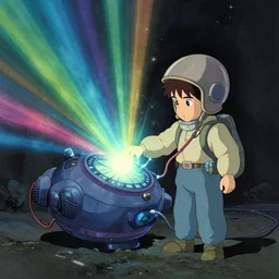 a time machine connected to a boy with a helmet and electric cable with colorfull rays of light illuminate the environment by vanessa morales, studio ghibli,