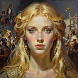 A mixed media painting of the blonde goddess of wine, very aesthetic, detailed symmetrical face and eyes, by Frank Frazetta, Greg Rutkowski, Beeple, Yoko Taro, Christian MacNevin, epic fantasy character art, viking runes, high fantasy, CGsociety, full length, exquisite detail, post-processing, masterpiece, cinematic, roman festival backdrop