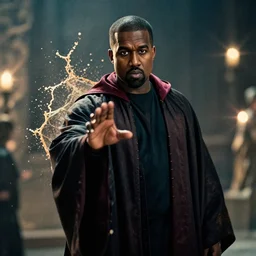 kanye west as a wizard wizard, superhero, splash art, movie still, cinematic lighting, ray tracing, octane render, long lens, shallow depth of field, bokeh, anamorphic lens flare, 8 k, hyper detailed, 3 5 mm film grain