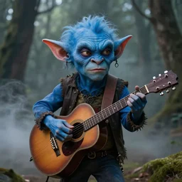 a cute sharply dressed goblin playing the blues on an old guitar, in the style of boris valejo and man ray, fantastic, dramatic lighting, smoke, mist, forest, hyperrealistic, detailed, octane render
